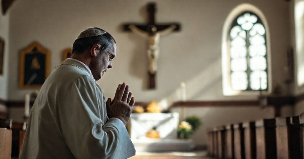 Mężczyzna w tradycyjnym stroju katolickim modli się przed krzyżem w skromnej kaplicy.
