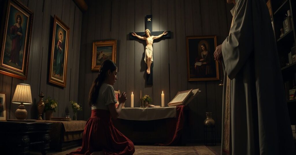 Kobieta w modlitwie przed krzyżem z kapłanem w tradycyjnym stroju kościelnym, symbolizująca walkę z aborcją z perspektywy katolickiej