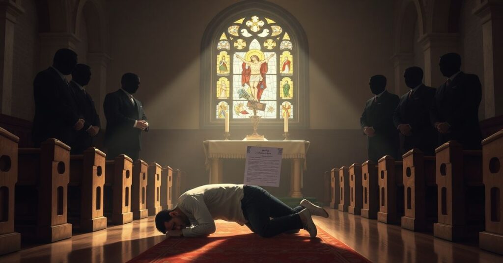 Cierpienie i modlitwa w tradycyjnym kościele - scenka przedstawiająca mężczyznę modlącego się przed dokumentem PHAC o zgonach po szczepieniach COVID