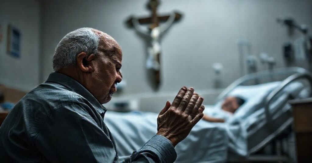 Portret Ernesta Ramireza Sr. modlącego się przed krzyżem po tragicznej utratą syna po szczepieniu COVID-19.