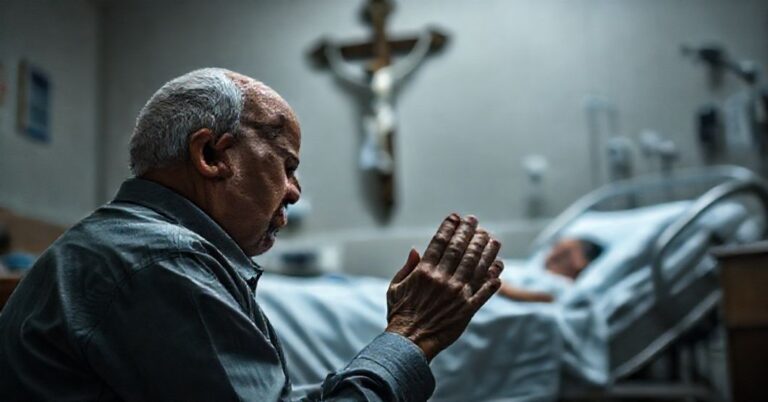 Portret Ernesta Ramireza Sr. modlącego się przed krzyżem po tragicznej utratą syna po szczepieniu COVID-19.