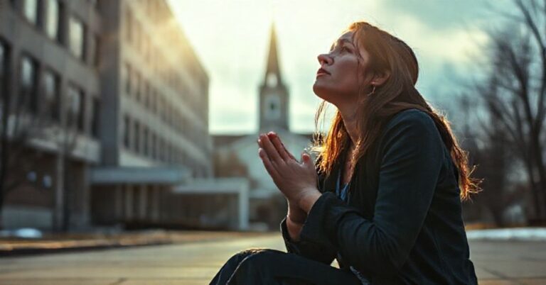 Młoda Janice Moss modli się przed kliniką aborcyjną, oświetlona boskim światłem