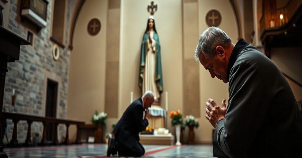 Kneeling pilgrim before a statue of Our Lady of Jasna Góra in traditional Catholic setting.