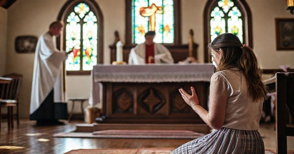 Młoda kobieta modli się przed tradycyjnym ołtarzem kościelnym z księdzem w sutannie. Scena podkreśla pokutę i miłosierdzie Boże.