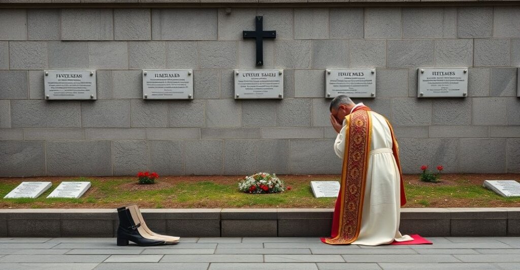 Ksiądz modlący się przy pomniku żołnierzy września 1939, ukazujący duchową i religijną pamięć ofiar wojny