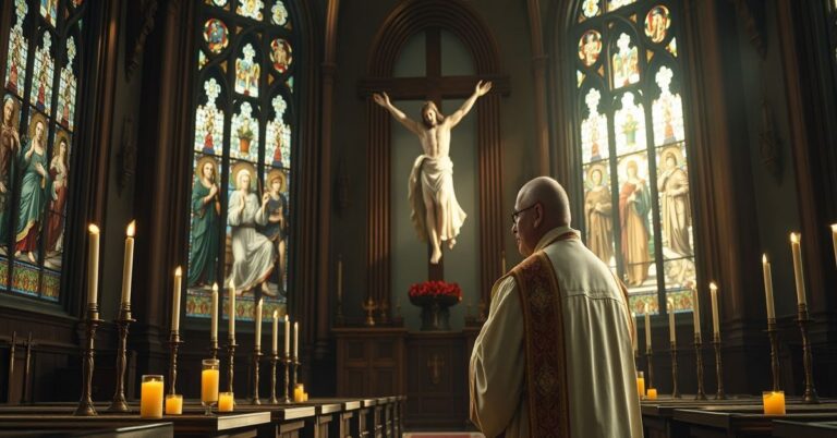 Prywatna modlitwa katolickiego kapłana przed krzyżem w tradycyjnym kościele, symbolizująca duchową walkę z współczesnym apostazją.