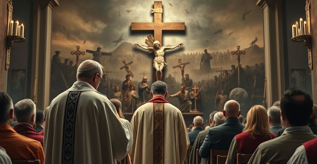 Kapłan modlący się przed krucyfiksem w kontekście wojny, ukazujący moralny kryzys i odrzucenie Chrystusa w czasach współczesnych