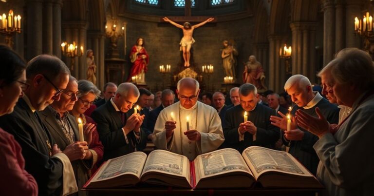 Solemne zebranie katolickich teologów i wiernych w gotyckiej katedrze modlące się o zaprzestanie aborcji