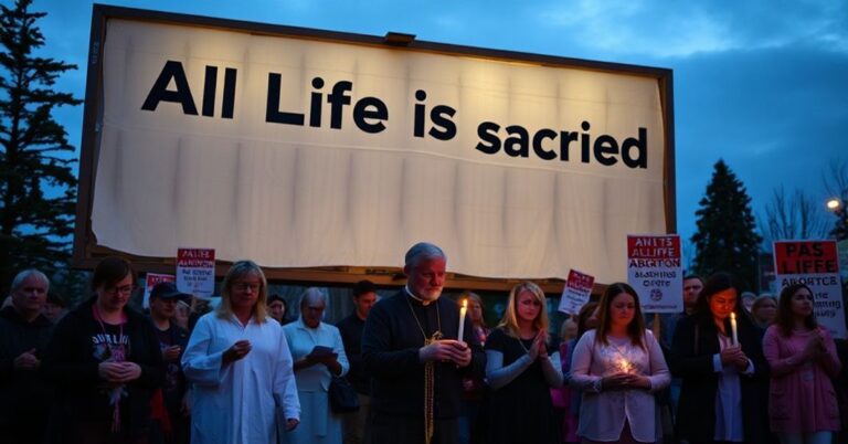 Pielgrzymka katolicka przed zcenzurowanym billboardem w Kolumbii Brytyjskiej