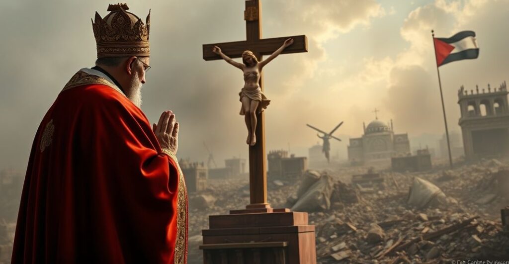 Rekonstrukcja sceny katolickiej modlitwy w obliczu tragedii w Gazie, ukazująca kapłana przed krzyżem w kontekście wojny i cierpienia, podkreślająca potrzebę panowania Chrystusa
