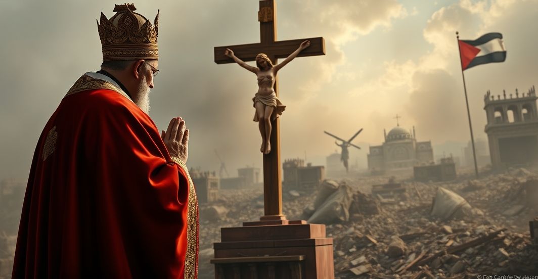 Modlitwa katolicka w obliczu tragedii w Gazie - potrzeba Królestwa Chrystusa Rekonstrukcja sceny katolickiej modlitwy w obliczu tragedii w Gazie, ukazująca kapłana przed krzyżem w kontekście wojny i cierpienia, podkreślająca potrzebę panowania Chrystusa