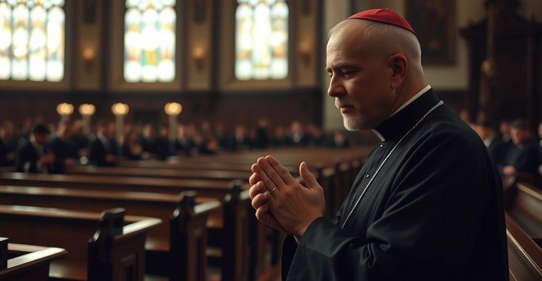 Refleksja katolicka nad śmiercią Kirka - obraz modlitwy i pokory Poważny katolicki mężczyzna modlący się w kościele w czasie refleksji nad śmiercią Kirka, ukazany w atmosferze pokory i wiary, z tradycyjnymi elementami katolickimi