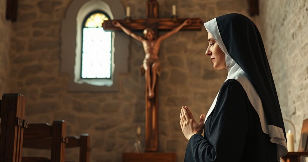 Rekoletka katolicka modląca się przy krucyfiksie w skromnej świątyni, ukazująca pokorę i oddanie Bogu, symbolizując wiarę i duchowe panowanie Chrystusa.
