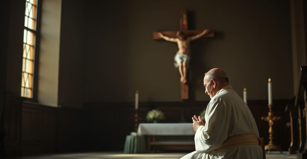 Kneeling priest in traditional Catholic vestments, praying before a crucifix in a reverent chapel.