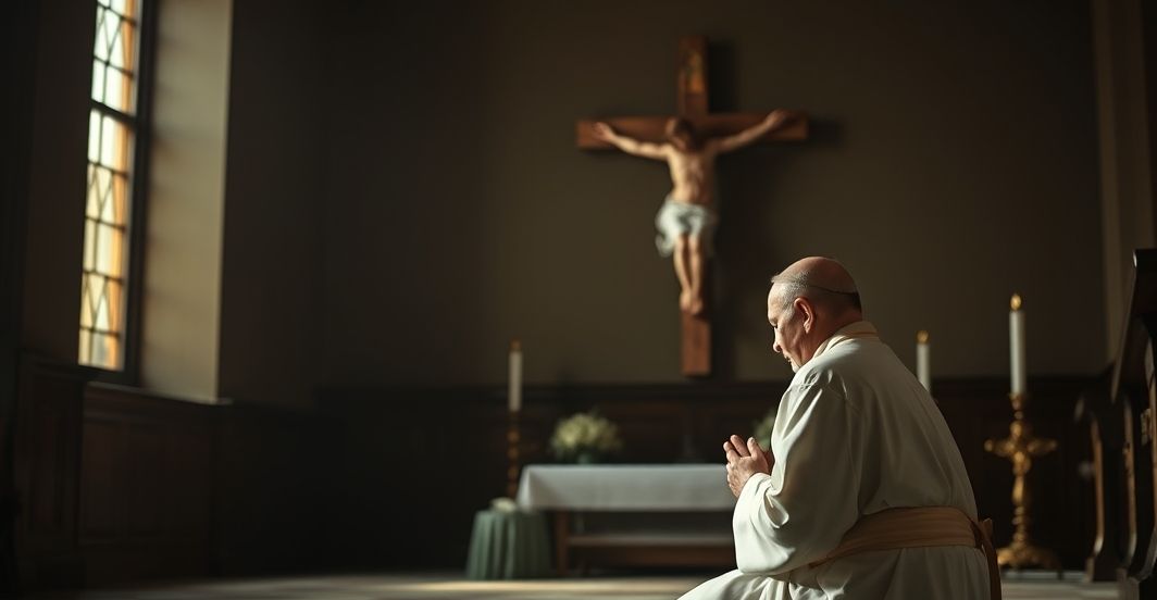 Kneeling priest in traditional Catholic vestments, praying before a crucifix in a reverent chapel.