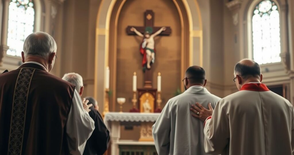 Obrazy kapłanów w tradycyjnych szatach modlących się przed krucyfiksem w kościele, ukazujące duchową walkę i wierność wierze katolickiej