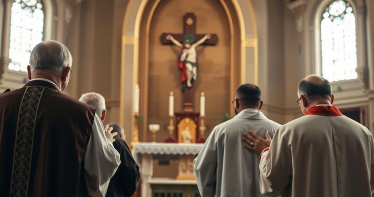 Obrazy kapłanów w tradycyjnych szatach modlących się przed krucyfiksem w kościele, ukazujące duchową walkę i wierność wierze katolickiej