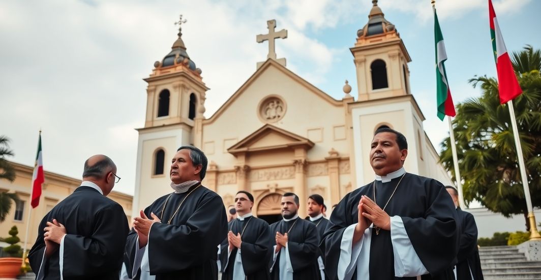 Duchowni katoliccy modlący się przed kościołem w Meksyku, wyraz głębokiej refleksji i pokory, obrazy krytyczne wobec modernistycznych praktyk religijnych