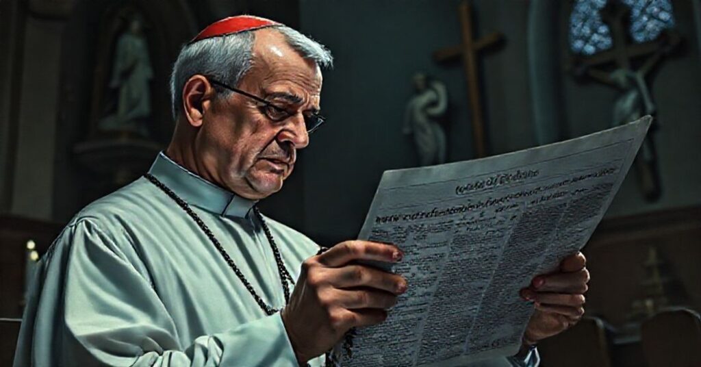 Pobitek katolicki w kaplicy modli się z trędem przed rzeźbą Najświętszej Maryi Panny i krzyża, z głębokim smutkiem na twarzy podczas czytania wiadomości o liście biskupów Wirginijskich na temat aborcji