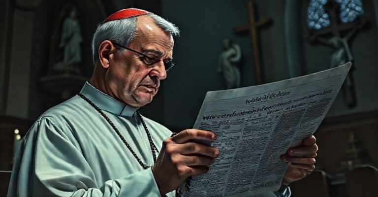 Pobitek katolicki w kaplicy modli się z trędem przed rzeźbą Najświętszej Maryi Panny i krzyża, z głębokim smutkiem na twarzy podczas czytania wiadomości o liście biskupów Wirginijskich na temat aborcji