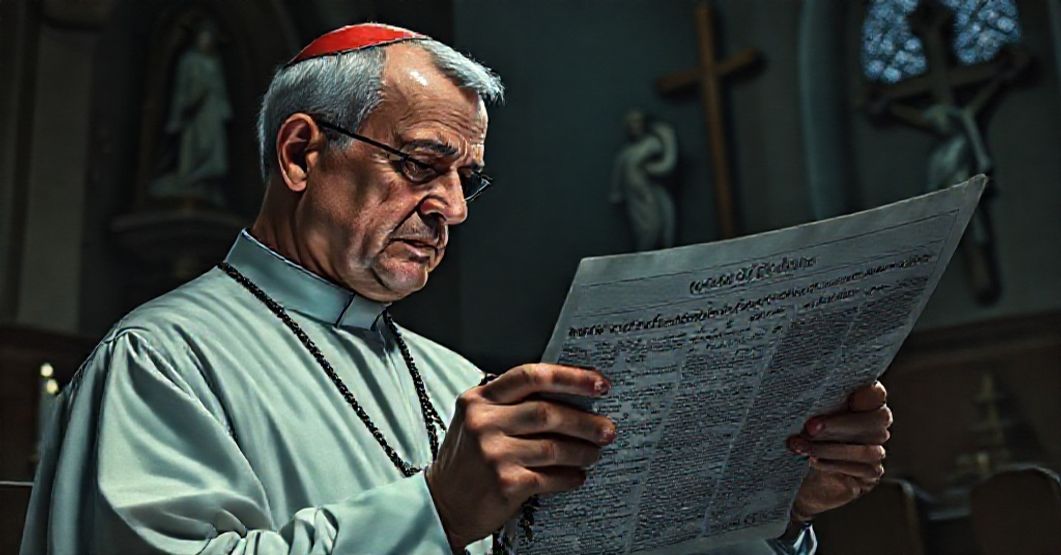 Modlitwa katolicka o życie - obraz tragizmy apostazji posoborowej Pobitek katolicki w kaplicy modli się z trędem przed rzeźbą Najświętszej Maryi Panny i krzyża, z głębokim smutkiem na twarzy podczas czytania wiadomości o liście biskupów Wirginijskich na temat aborcji