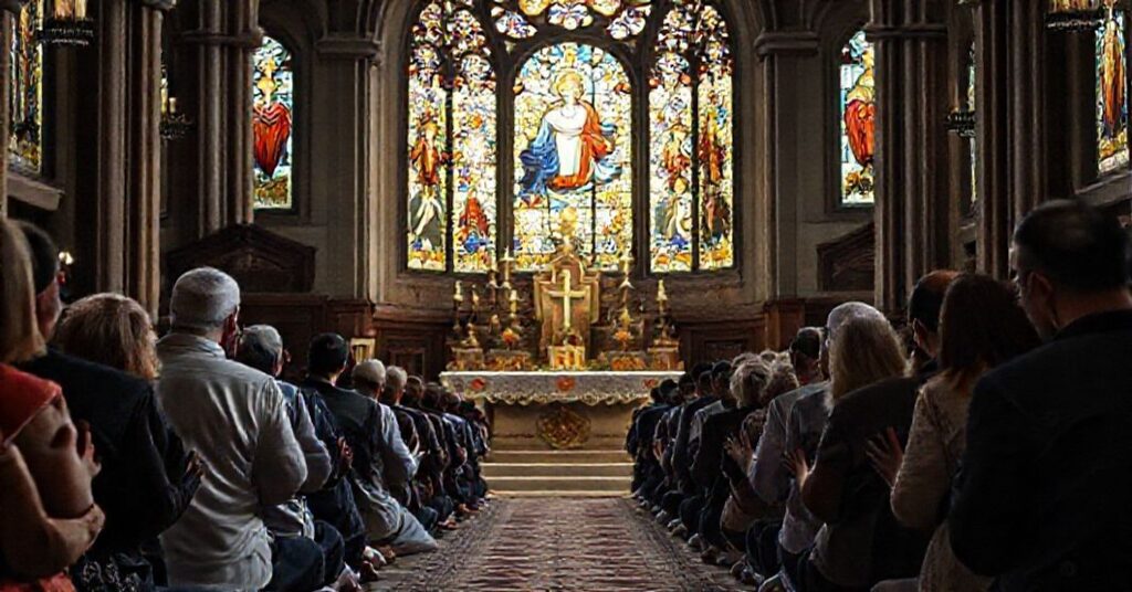 Zbliżenie na modlącą grupę katolików przed ołtarzem z wizerunkami Serca Jezusa i Maryi w tradycyjnym kościele