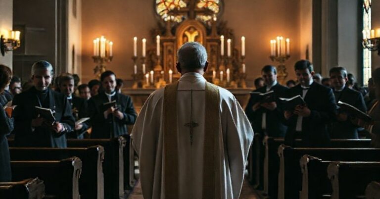 Tradycyjny katolicki modlitwa w kościele z księdzem i przywódcami katolickimi w tle