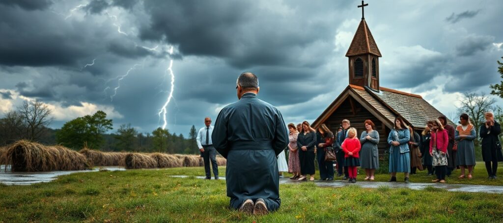 Ksiądz w tradycyjnym stroju religijnym modli się na kolanach przed burzą. Wokół niego wierni również modlą się. Na tle widoczna jest polska wieś z rzeką wyładowaną.
