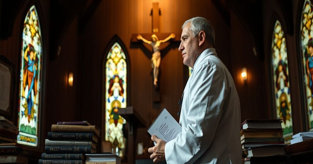 Kobieta w tradycyjnym stroju katolickim modli się przed krzyżem w ciemnym kościele z witrażami.