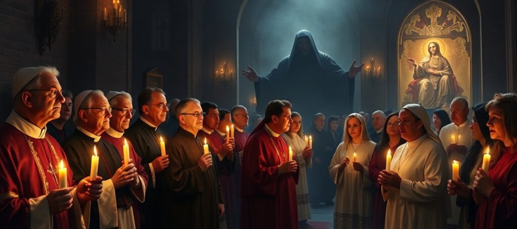 Grupa kleryków i wiernych modli się w tradycyjnym kościele przed obrazem Matki Bożej podczas kontrowersji związanej z raportem Synodu