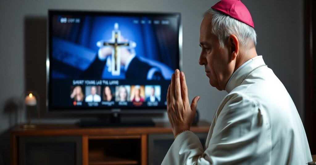 Mężczyzna w tradycyjnym katolickim stroju modli się przed telewizorem wyświetlającym niegodziwe treści streamingowe, symbolizując konflikt wiary z świeckimi regulacjami mediów.