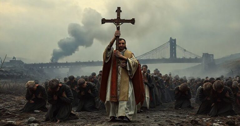 Kobieta w tradycyjnym stroju katolickim modli się podczas procesji na tle zniszczonego mostu i dymu na granicy ukraińsko-rumuńskiej.