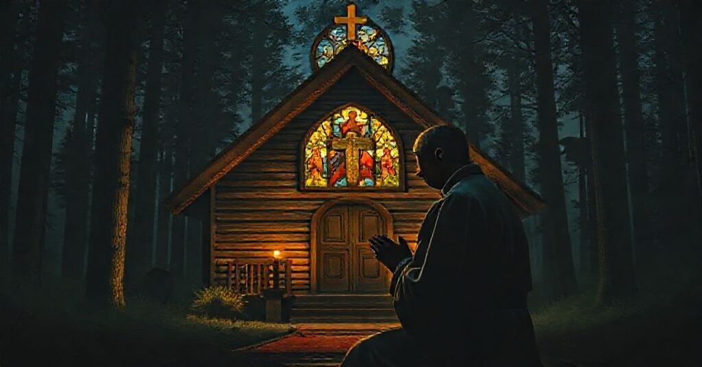 Kneeling Catholic priest praying in a rustic church surrounded by dark forest with bears silhouetted in the background.