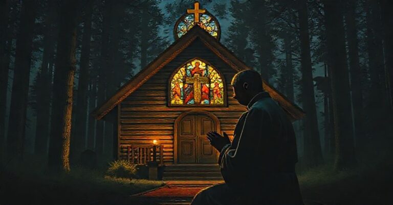 Kneeling Catholic priest praying in a rustic church surrounded by dark forest with bears silhouetted in the background.