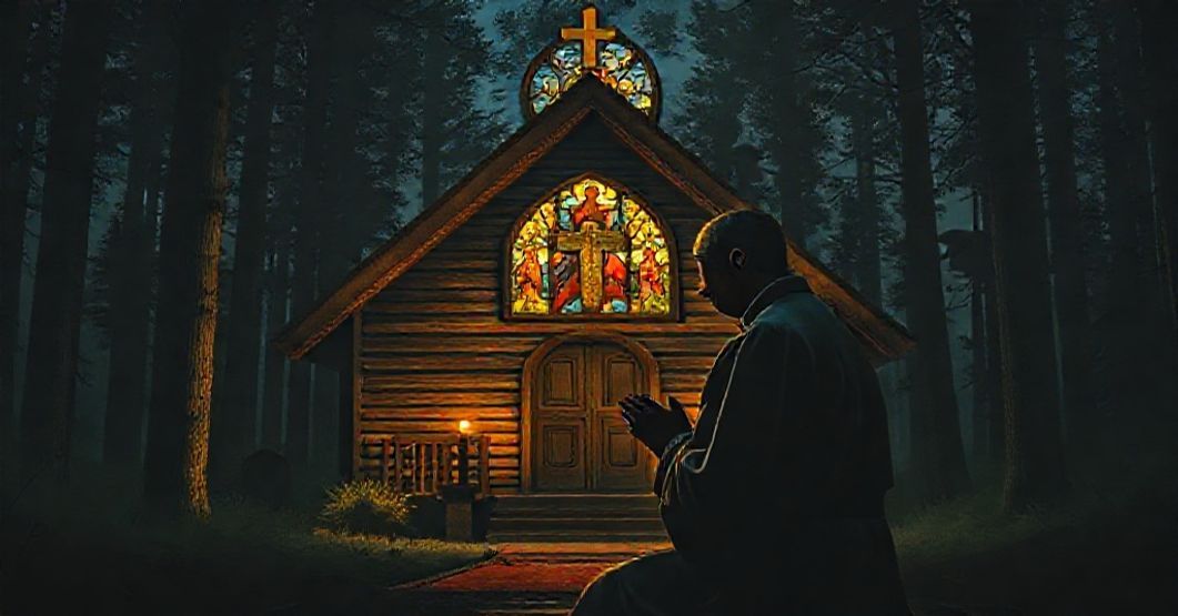 Kneeling Catholic priest praying in a rustic church surrounded by dark forest with bears silhouetted in the background.