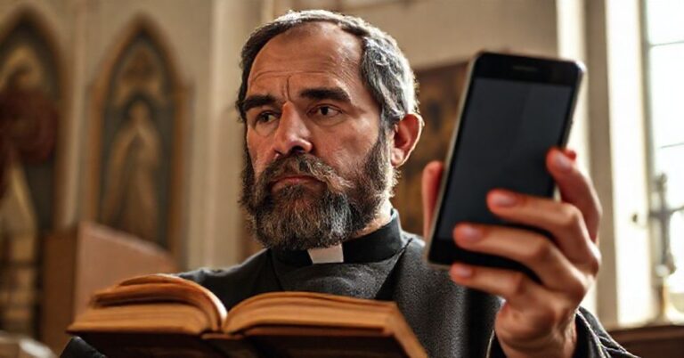 Tradycyjny katolicki uczony w modlitwie przed technologią