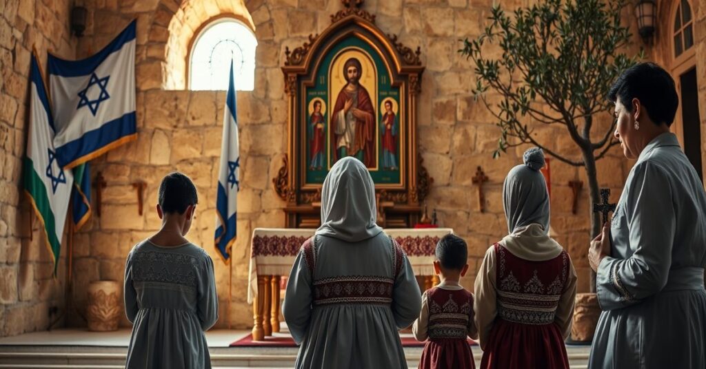 Rodzina katolicka modląca się przed ikonostasem w tradycyjnym stylu bizantyjskim na tle drutu kolczastego i flagi izraelskiej.