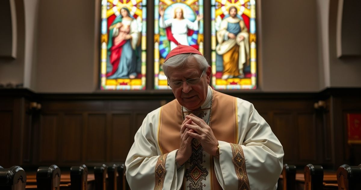 Realistyczne zdjęcie katolickiego biskupa modlącego się w kościele z witrażem Chrystusa i świętych w tle, oddające ducha wiary i pokory.