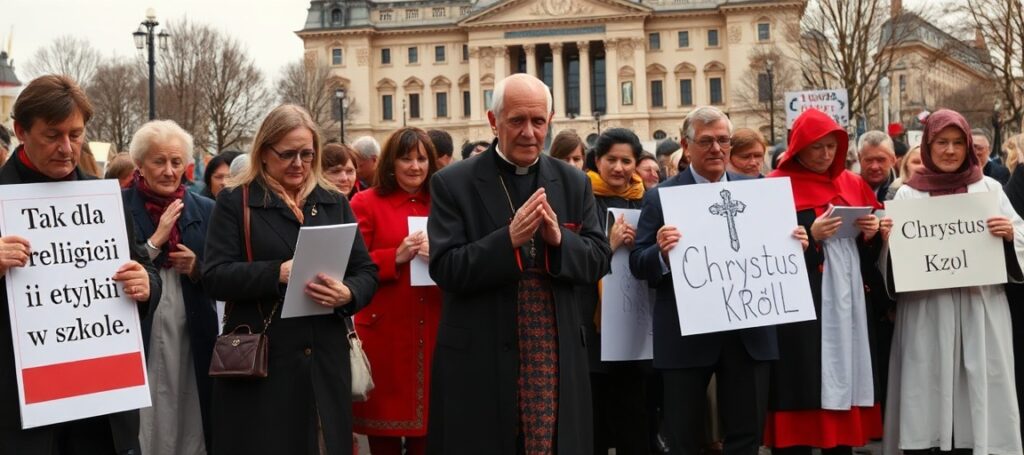 Grupa katolików modli się przed Sejmem w obronie nauki religii w szkołach