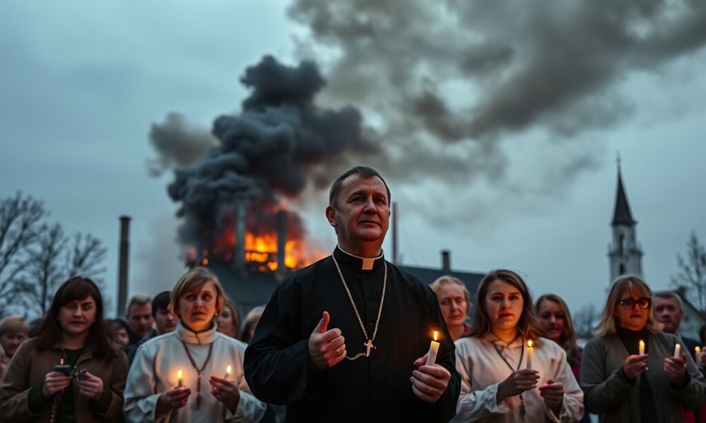 Grupa katolików modlących się przed spaloną fabryką w Gliwicach