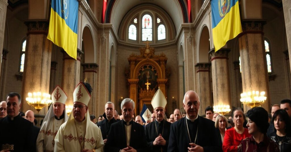 Scena modlitwy w Kijowskim Soborze Sofijskim z udziałem schizmatyckich duchownych i polityków