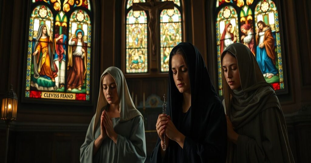 Solemne przedstawienie biblijnych kobiet z Księgi Rodzaju modlących się w tradycyjnym kościele katolickim.