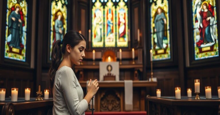 Młoda kobieta katolicka modli się przed ołtarzem w ciemnym kościele z witrażami przedstawiającymi Świętą Rodzinę, wyrażając żal i oburzanie wobec finansowania antykoncepcji przez państwo.