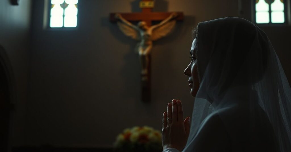 Kobieta modli się przed krucyfiksem w kaplicy, symbolizując tragedię szpitala Lambeth i bunt przeciwko nowoczesnym błędom.