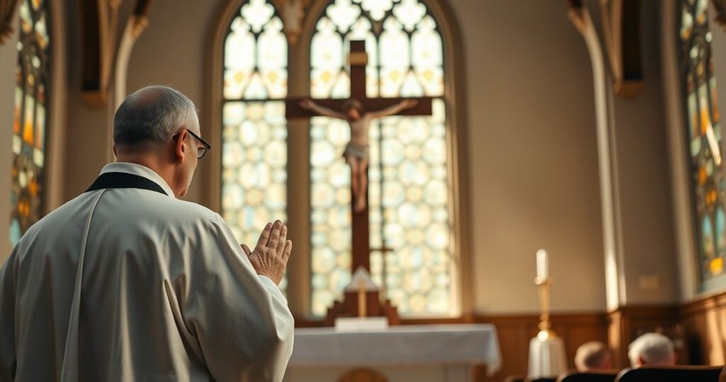 Realistyczne zdjęcie katolickiego kapłana modlącego się przed krzyżem w spokojnym kościele, symbolizujące wierność wierze i duchową odnowę.