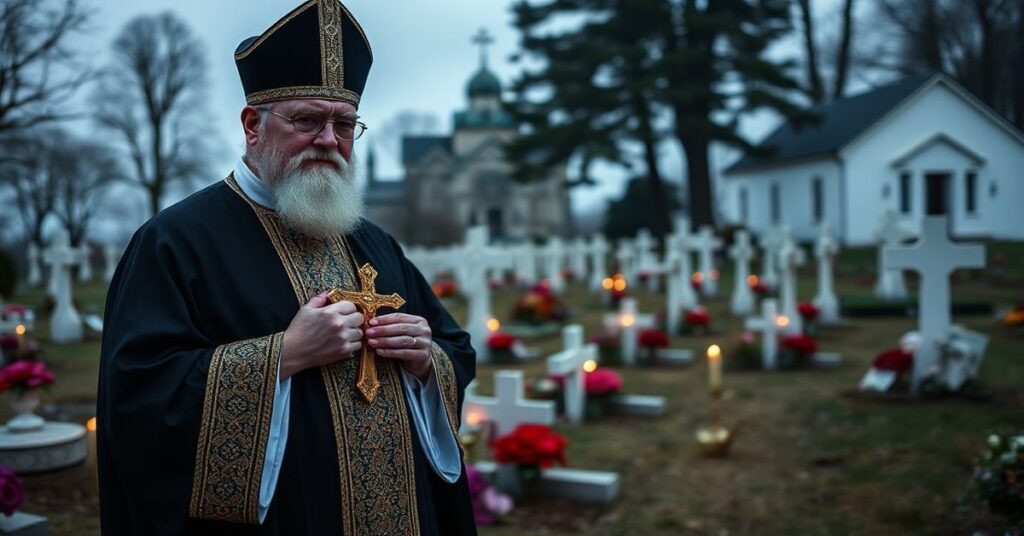 Tradycyjny katolicki ksiądz modli się na grobach ofiar tragedii smoleńskiej na Cmentarzu Wojskowym na Powązkach