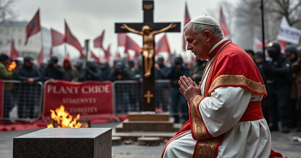 Kneeling Catholic priest in traditional vestments praying before a crucifix with a somber background of riots and police barricades.