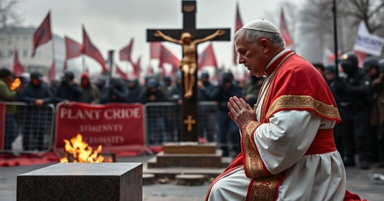 Kneeling Catholic priest in traditional vestments praying before a crucifix with a somber background of riots and police barricades.