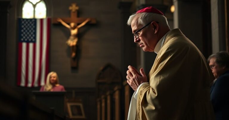 Portret tradycyjnego księża w pełnym stroju liturgicznym modlącego się przed krzyżem z amerykańską flagą w tle.