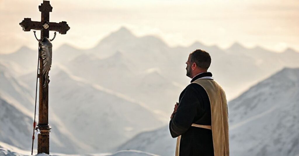 Katolicki ksiądz w tradycyjnych szatach modli się przed śnieżnymi górami symbolizującymi pustkę duchową wspinaczki. Na pierwszym planie krzyż kontrastuje z oddalonymi szczyty Mount Everestu.